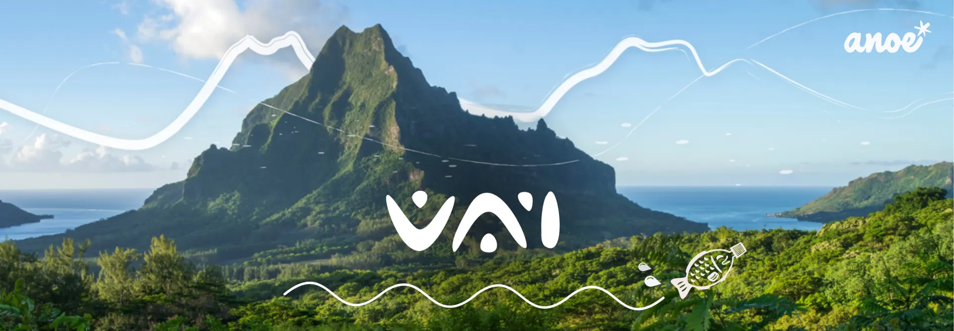 Le logo VAI au-dessus de Moorea, avec le motif REDSOYU